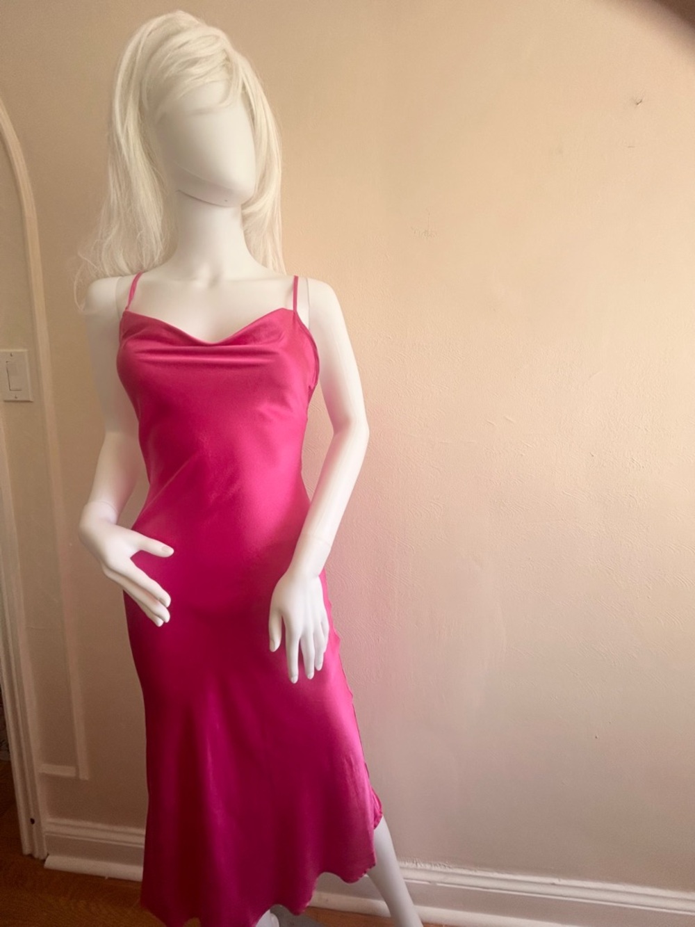 Silk Maison 100% Mulberry Silk Hot Pink Slip Dress XS Open Back Bias Cut